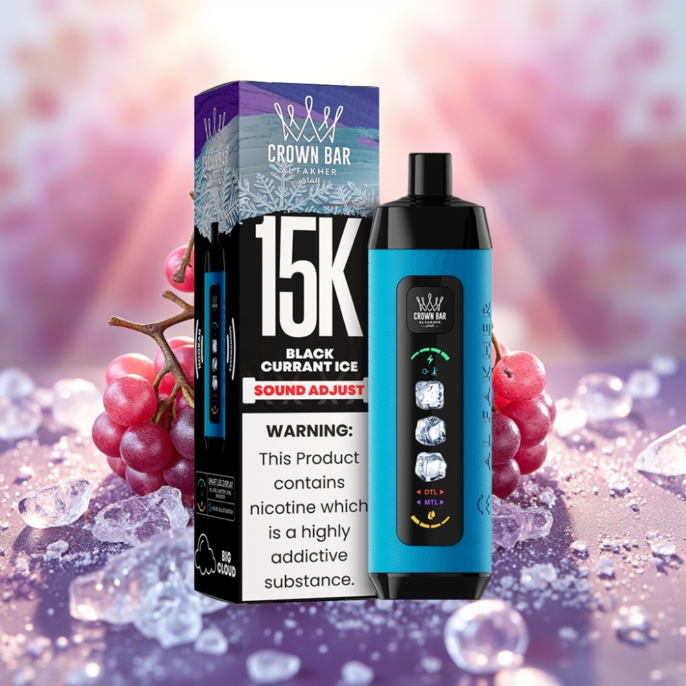 Al Fakher 15k جهاز تبغ إلكتروني قابل للتعديل بنكهة الكشمش الأسود الجليدي - 15000 نفخة - شاشة LED - سعة 22مل - 5ملغ/مل