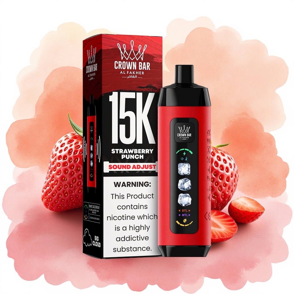 Al Fakher 15k Ice Adjust Clouds جهاز قابل للتصرف بنكهة فراولة بنش - 15000 نفخة، شاشة LED، سعة 22 مل، 5 ملغم/مل