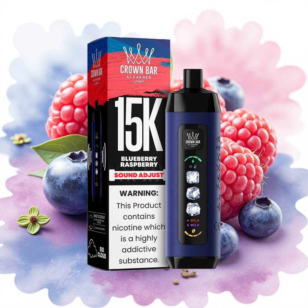 Al Fakher 15k Ice Adjust Clouds جهاز معطر للتخلص من 15000 نفخة بشاشة LED وعنقود شبكي - توت أزرق وتوت عُليق