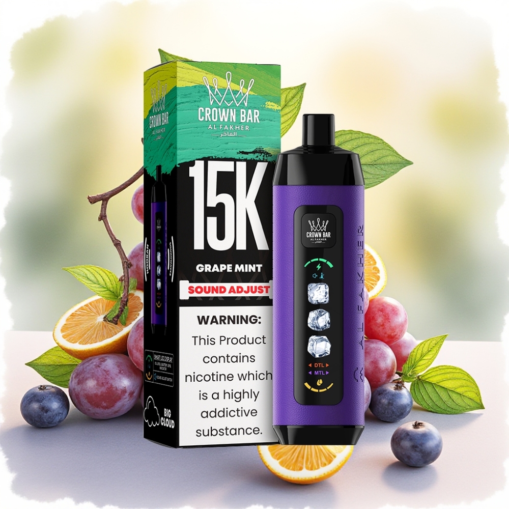 Al Fakher 15k Ice Adjust Clouds جهاز قابل للتخلص بشاشة LED ونوع ملف شبكي بنكهة عنب بالنعناع