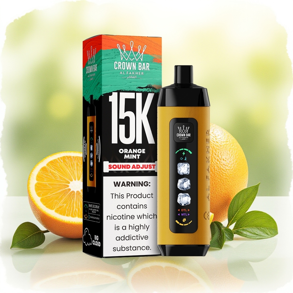 Al Fakher 15k سحاب قابل للتعديل بنكهة البرتقال بالنعناع جهاز قابل للتصرف بشاشة LED وسعة 22 مل