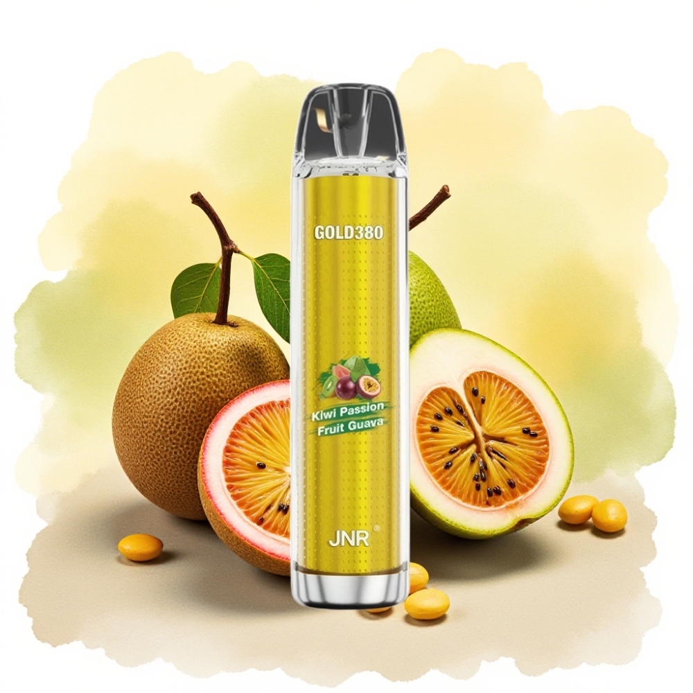 JNR Gold380 6000 نفخة فيب قابل للتصريف بنكهة الكيوي والجوافة وماراكويا مع بطارية 1500 مللي أمبير