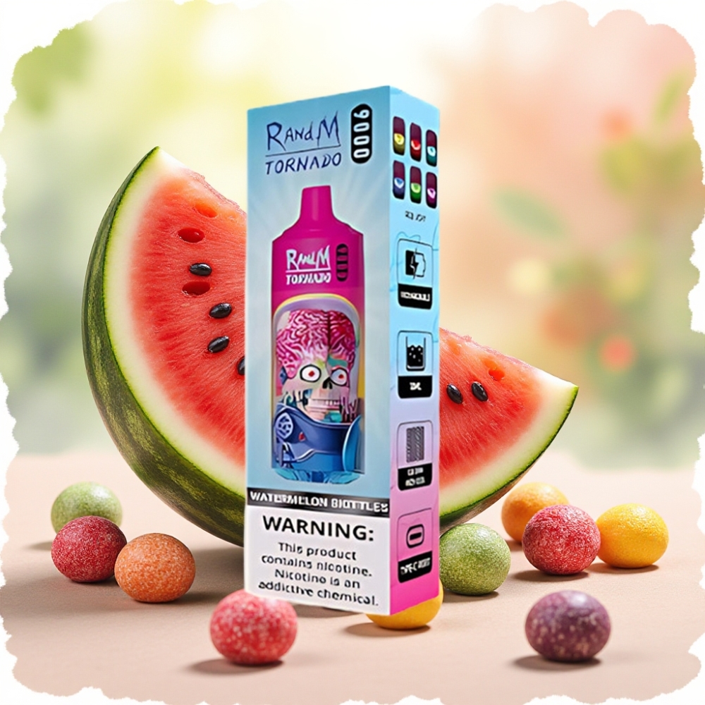 RandM Fumot Tornado 9000 Puffs بطارية 850 ملي أمبير سعة 18 مل نكهة بطيخ سكيتلز