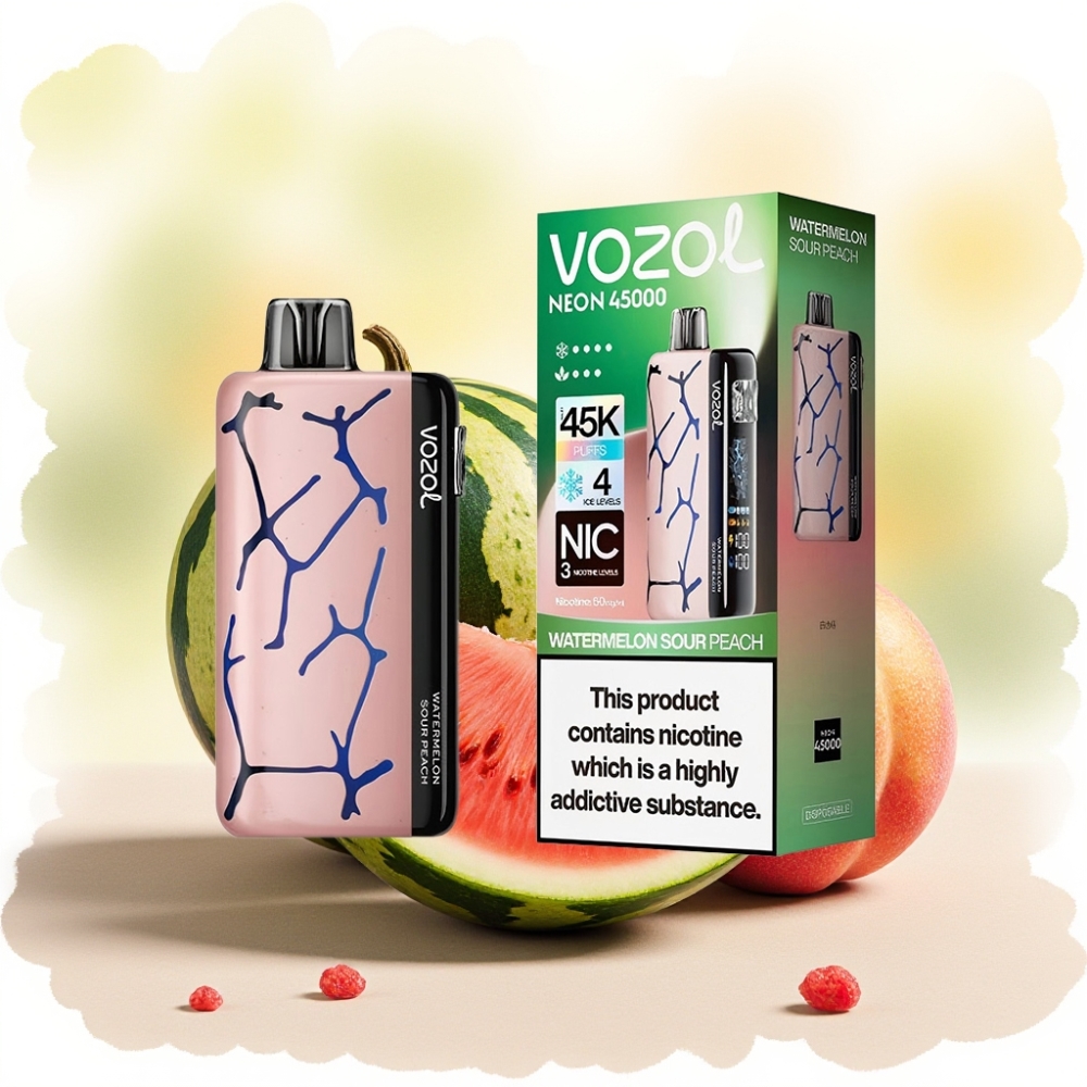 Vozol Neon 45000 نفخة سيجارة إلكترونية بطارية 800 مللي أمبير شريحة ميش بنكهة بطيخ خوخ حامض