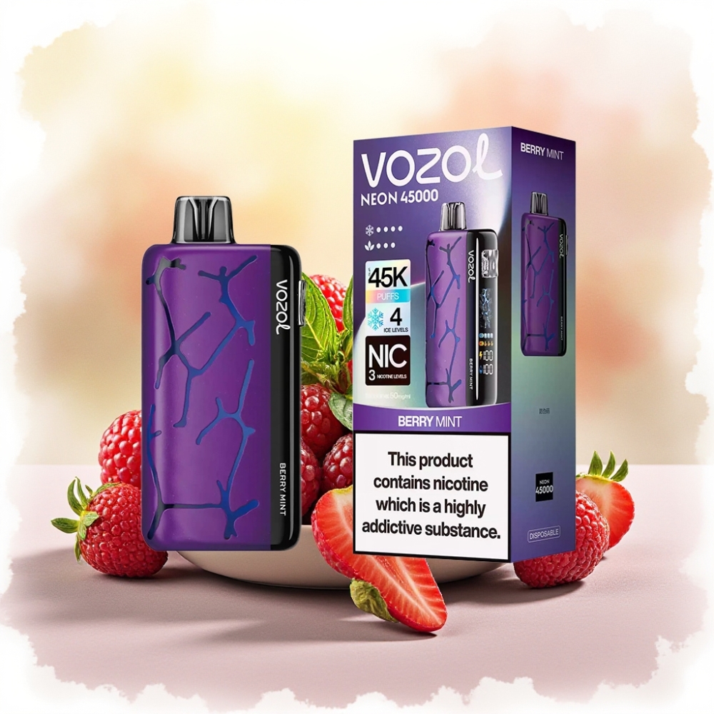 Vozol Neon 45000 نفخة سيجارة إلكترونية جرابية بنكهة التوت بالنعناع مع بطارية 800 مللي أمبير وشبكة ملف معدنية