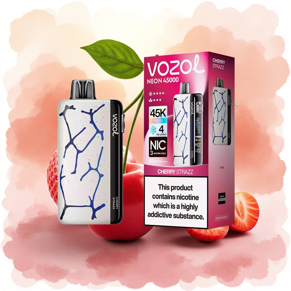 Vozol Neon 45000 نفخة سيجارة إلكترونية قابلة لإعادة الشحن بنكهة الكرز ستراز مع بطارية 800 مللي أمبير وشبكة ملف