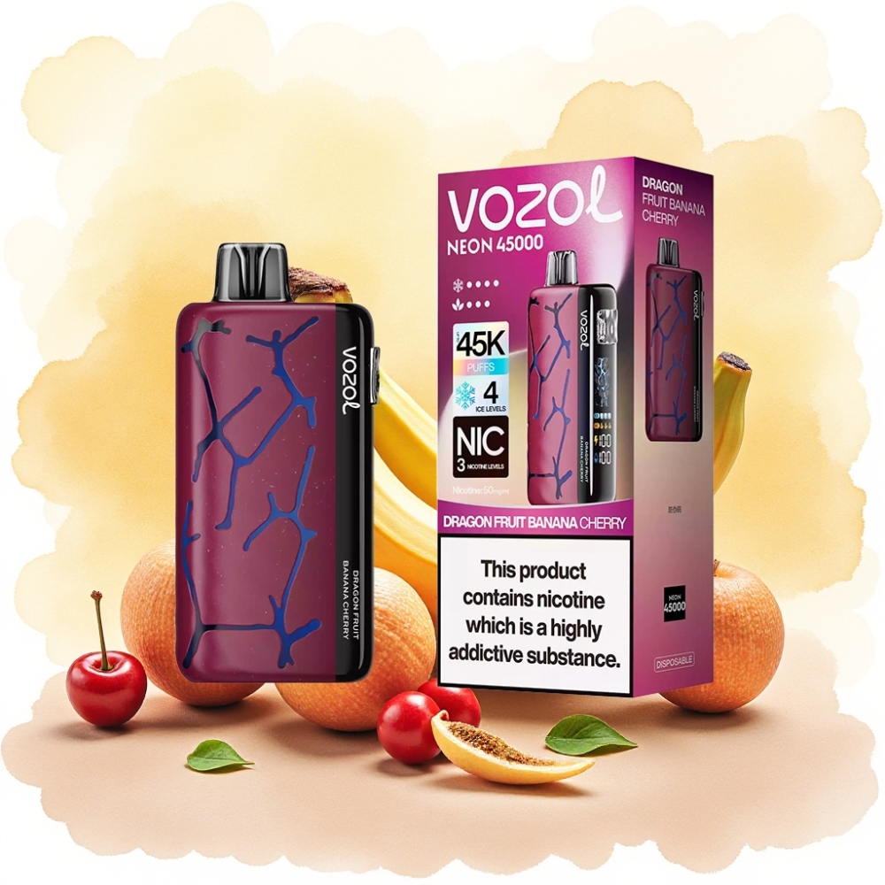 Vozol Neon 45000 نفخة سيجارة الكترونية فاخرة بنكهة فاكهة التنين والموز والكرز مع بطارية 800 مللي أمبير وشبكة ميش وبخار قابل للتعديل