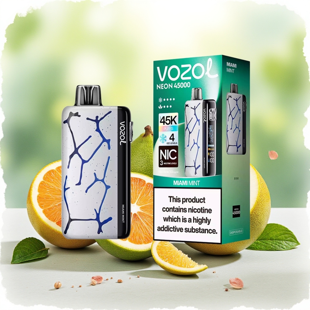 Vozol Neon 45000 نفخة سيجارة إلكترونية قابلة لإعادة الشحن بنكهة ميامي نعناع مع بطارية 800 مللي أمبير وشبكة ملف