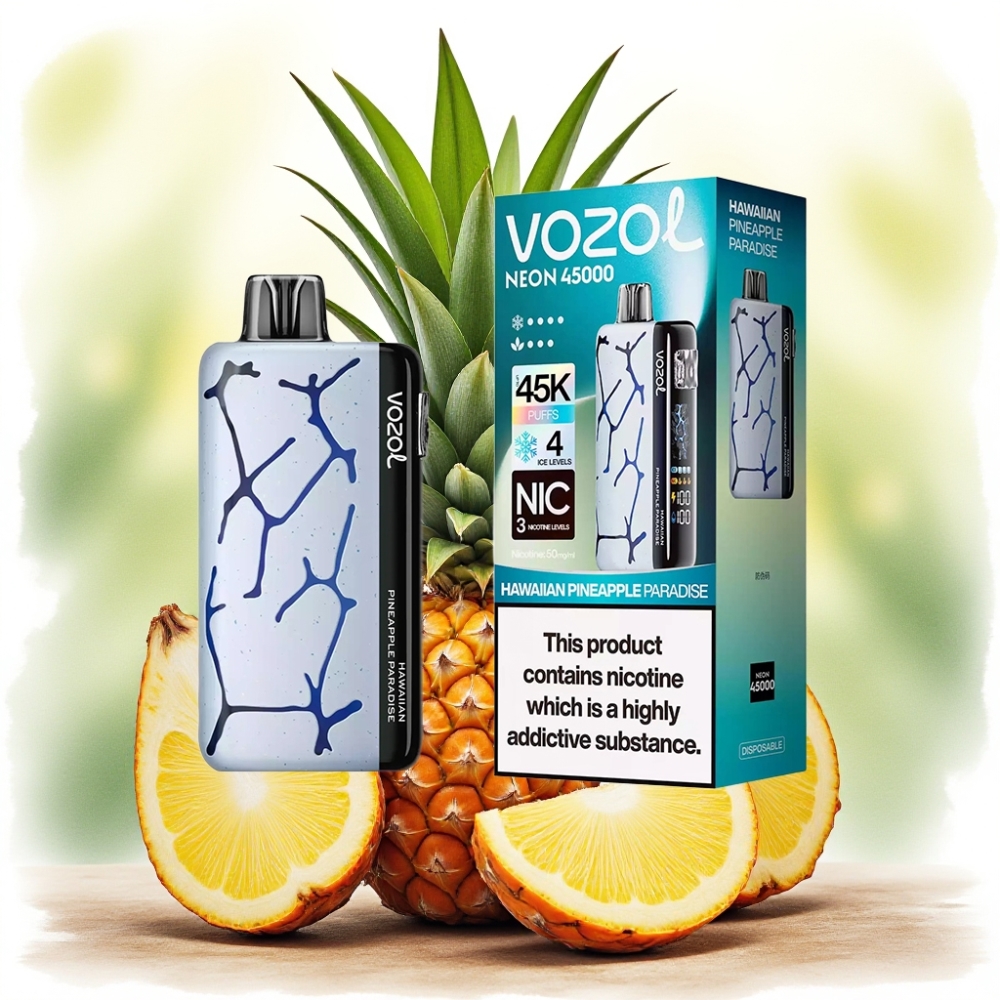 Vozol Neon 45000 نفخة سيجارة إلكترونية ذات استخدام لمرة واحدة بنكهة جنة الأناناس هاواي مع بطارية 800 مللي أمبير وشبكة ملف