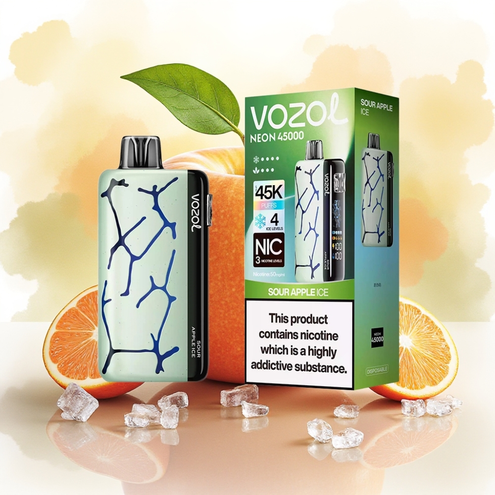 Vozol Neon 45000 نفخة سيجارة إلكترونية تفاح حامض مثلج مع بطارية 800 مللي أمبير وشبكة ملف
