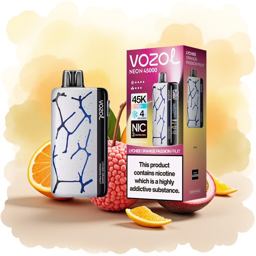 Vozol Neon 45000 نفخة فيب قابل للتصريف بنكهة ليتشي وبرتقال وفواكه العاطفة مع بطارية 800 مللي أمبير وشبكة ملف