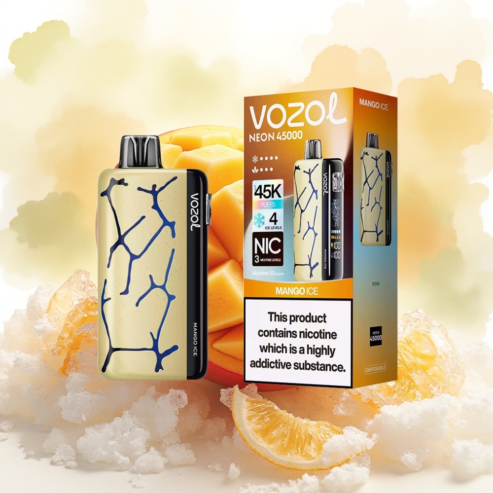 Vozol Neon 45000 نفخة سيجارة إلكترونية قابلة للاستعمال لمرة واحدة بنكهة مانجو مثلج مع بطارية ٨٠٠ مللي أمبير وشبكة ملف