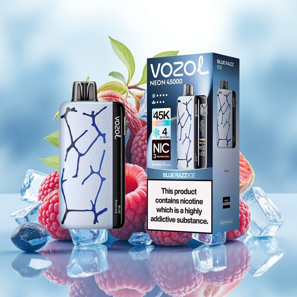 Vozol Neon 45000 نفخة سيجارة إلكترونية قابلة لإعادة الشحن بنكهة التوت الأزرق الجليدي مع ملف شبكي وضبط تدفق الهواء