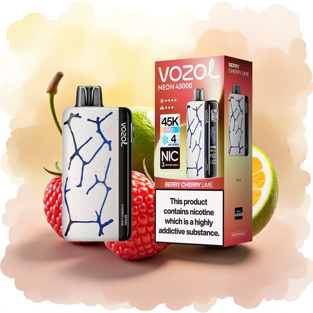Vozol Neon 45000 نفخة سيجارة إلكترونية قابلة لإعادة الشحن بـ USB-C مع تبريد قابل للتعديل 4 أوضاع ونكهة التوت والكرز والليمون